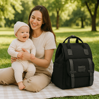 Famille avec sac à dos à langer StyleM au parc