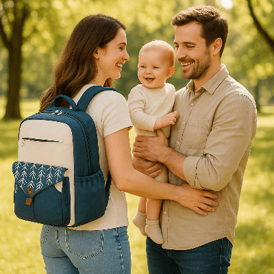 Famille avec sac a langer a dos Auralys™ bleu