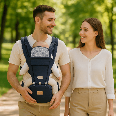 famille et porte bébé ergonomique bleu