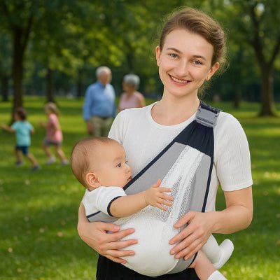 maman au parc avec écharpe de portage bébé