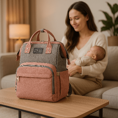 maman avec sac a dos a langer bebe gris rose