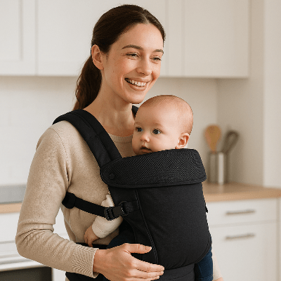 maman en cuisine avec porte bebe naissance
