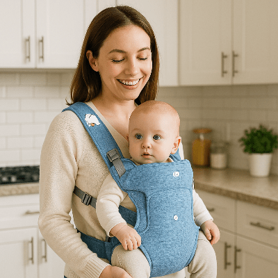 maman et porte bébé bleu