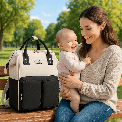 maman et sac à langer à dos luxebébé™ noir