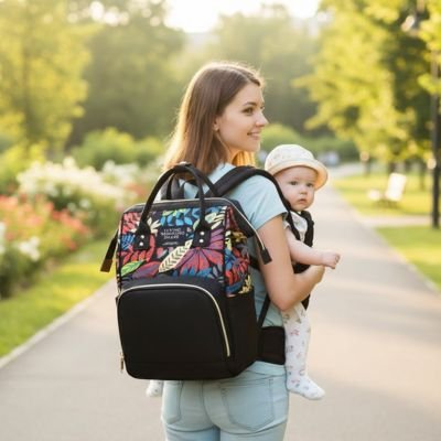 maman et sac a langer dos NomElegance™ noir au parc