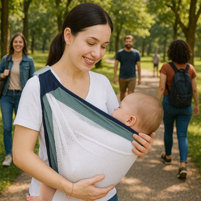 maman souriant et écharpe de portage bébé