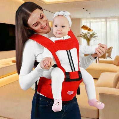 maman et porte bebe hanche pratikoo rouge