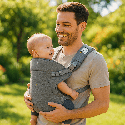 papa et porte bébé gris