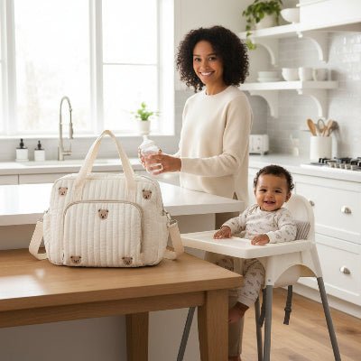 bebe souriant et sac a langer ourson Tendressens™ beige