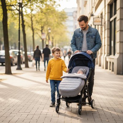 famille avec bebe dans chancelière pour poussette Warmli™ gris