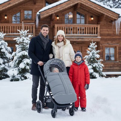 Famille avec bebe dans poussette chanceliere Veloursine ™ gris