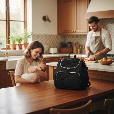 famille avec sac a dos a langer coconbag™ noir