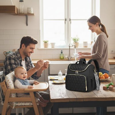 famille avec sac a dos a langer noir Majestina™