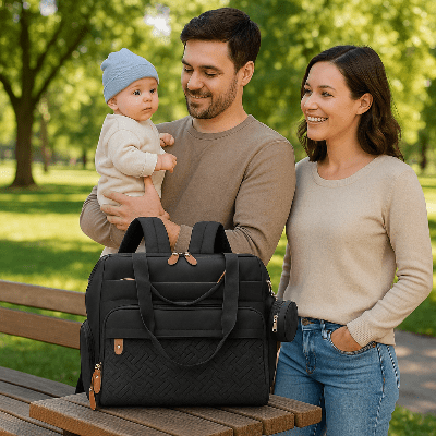 famille avec sac a dos langer noir