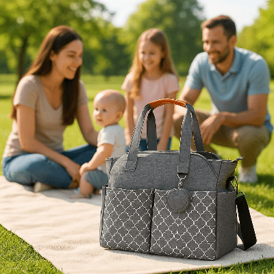 famille avec sac a langer bebello gris