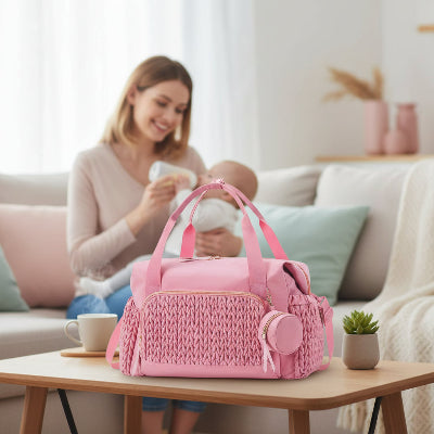 famille avec sac a langer rose Rosalune™ sur table