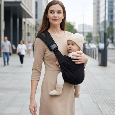 maman avec bebe et écharpe porte bebe Doutresor noir