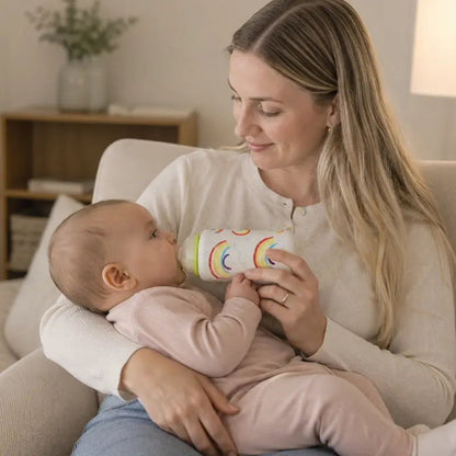 maman avec chauffe biberon voyage Nomélys™ arc-en-ciel