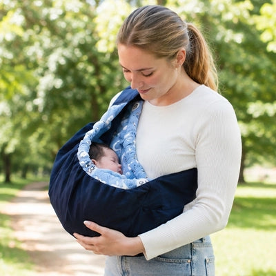 maman avec echarpe de portage nouveau né Serenwrap™ bleu