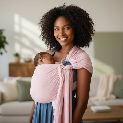 maman avec écharpe de portage nouveau-né Tendralin™ rose
