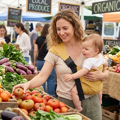maman avec porte bebe de hanche tendreport™ jaune