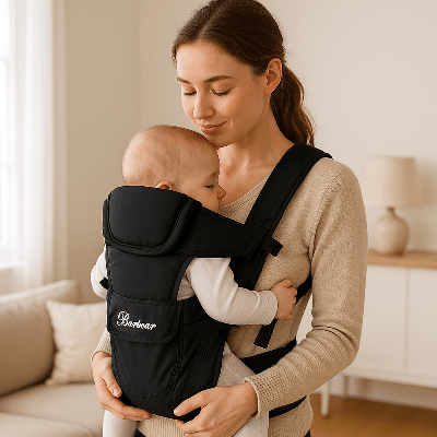 maman avec porte bebe physiologique noir