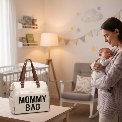 maman avec sac à langer bébé sac à dos beige