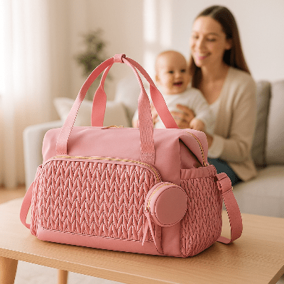 maman avec sac à langer bebe Soanell™ rose