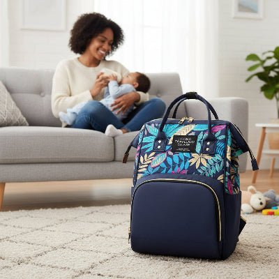 maman avec sac a langer dos NomElegance™ Bleu
