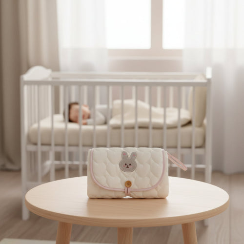 maman avec tapis à langer nomade Itineradoucia™ lapin
