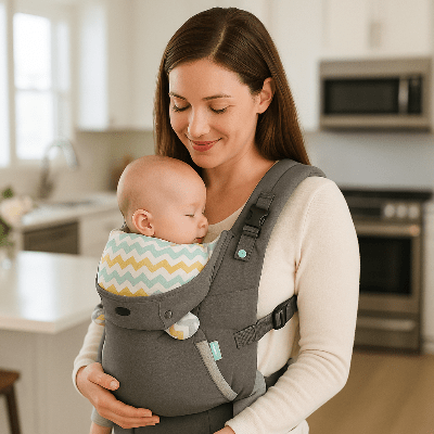 maman en cuisine avec porte-bébé physiologique