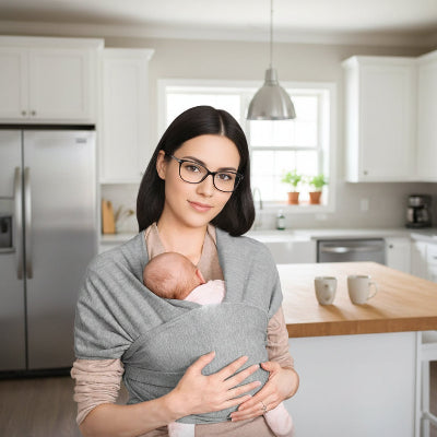 maman et echarpe de portage facile a enfiler Faciliwrap™ gris