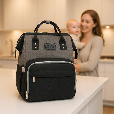 maman et sac a dos a langer bebe Nobilange™ gris noir