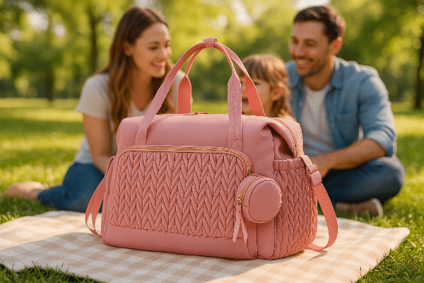 maman et sac à langer bebe soanell rose