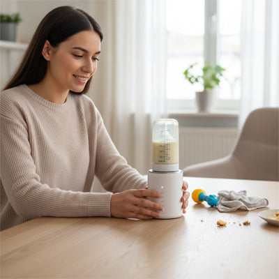 maman souriant avec chauffe biberon portatif  laitexpress™