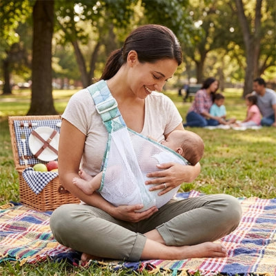 maman souriant avec echarpe de portage ete epauzen™ vert