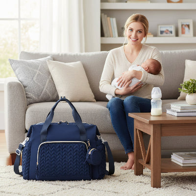 maman souriant avec sac a langer bleu Azurineya™