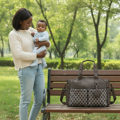 maman souriant avec sac a langer marron siennambre