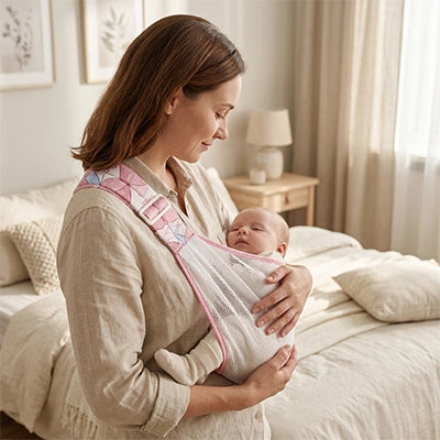 maman souriant et echarpe de portage ete epauzen™ rose