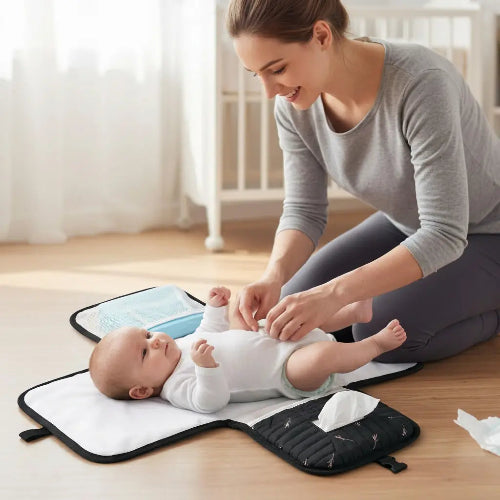 Maman souriant et tapis de change bébé Pratinomade™ noir
