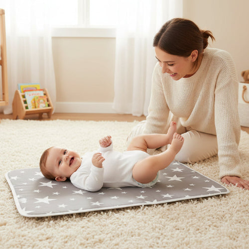 maman souriant et tapis de change nomade Baladoucio™