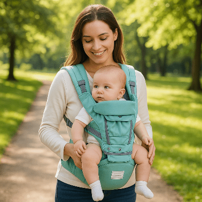 maman au parc avec porte bebe ergonomique vivo