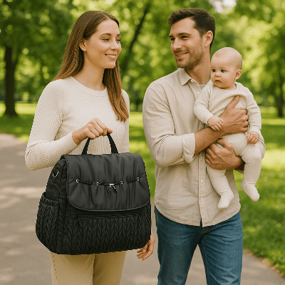 parents au parc avec sac a langer noir EMI