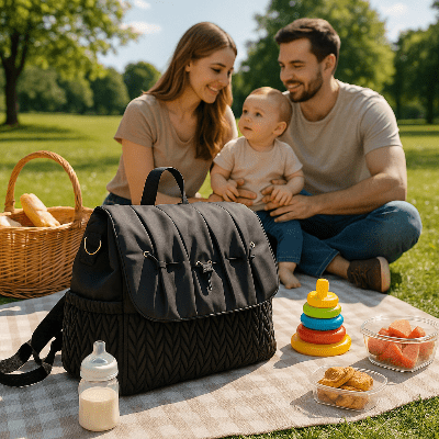 parents avec sac a langer sac a dos et bandouliere 