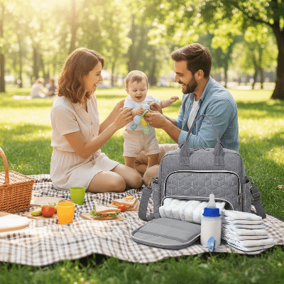 Pique-nique familial avec sac à langer imperméable Olyne™ gris